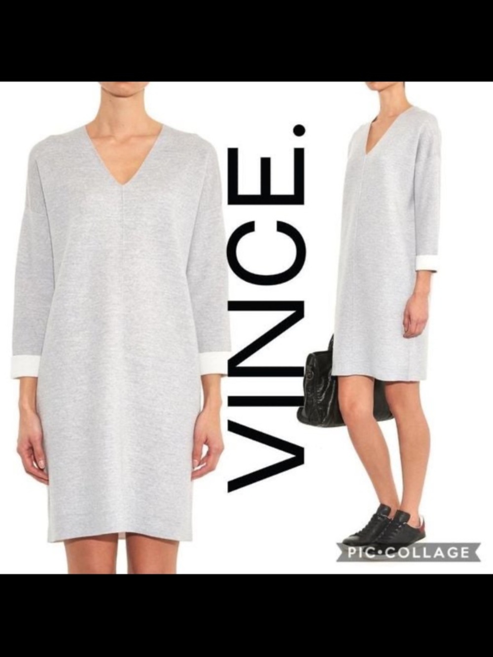 Vince Gray V-Neck Shift Dress with White Cuffs